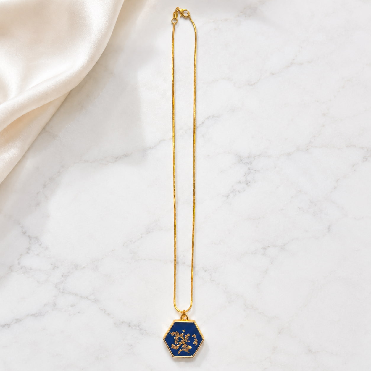 Gold Blue Hexagon Necklace