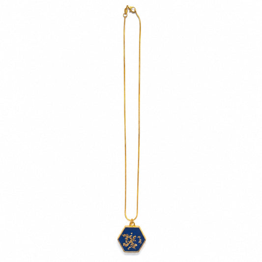 Gold Blue Hexagon Necklace