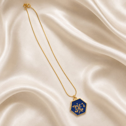 Gold Blue Hexagon Necklace