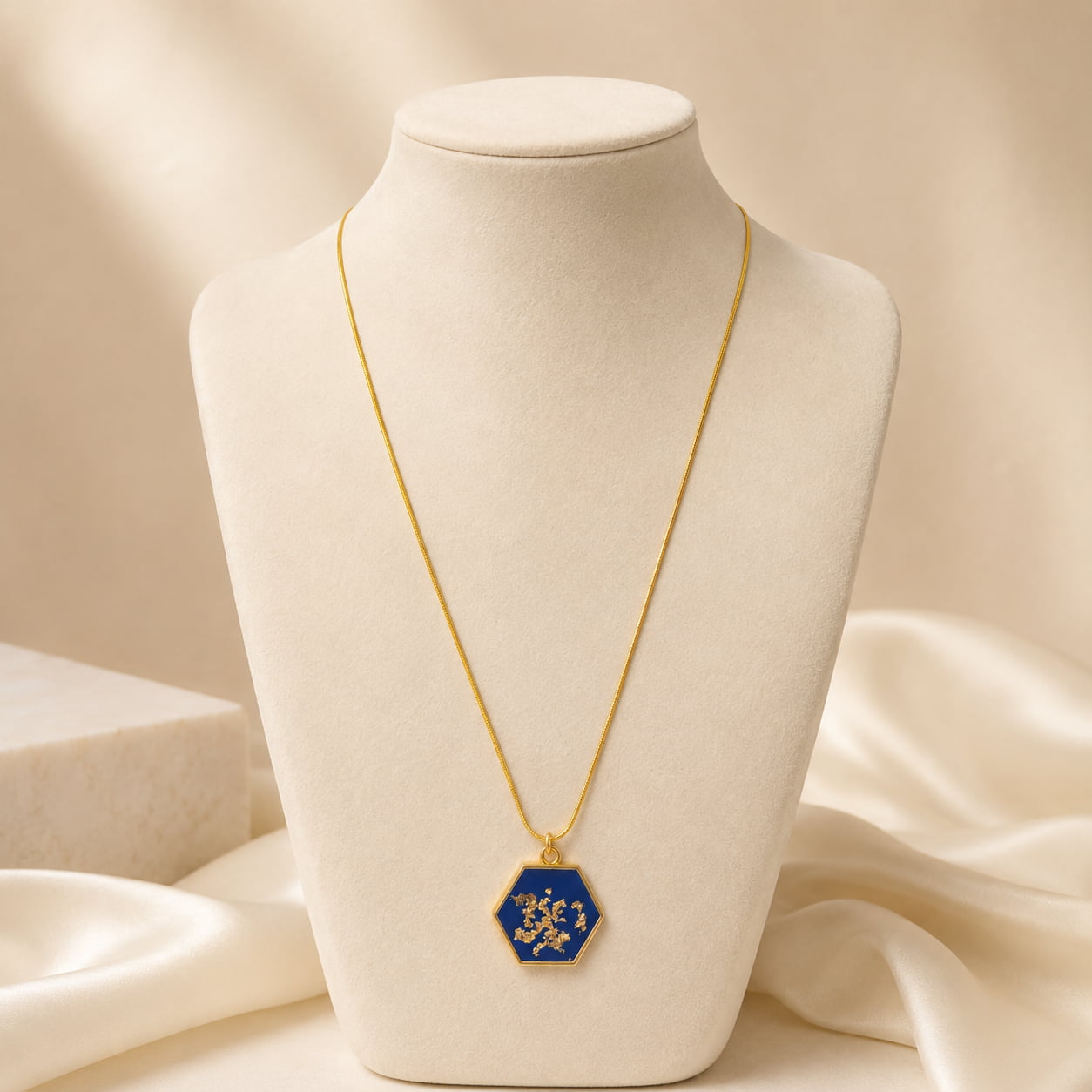 Gold Blue Hexagon Necklace